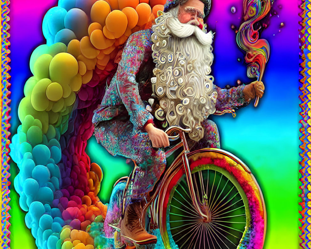 Whimsical wizard on bicycle with rainbow smoke and bubbles