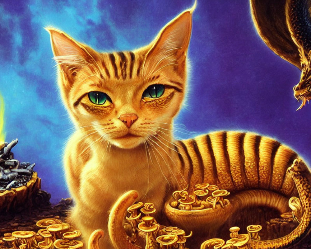 Illustration of cat with piercing eyes, gold coins, fire, and dragon.