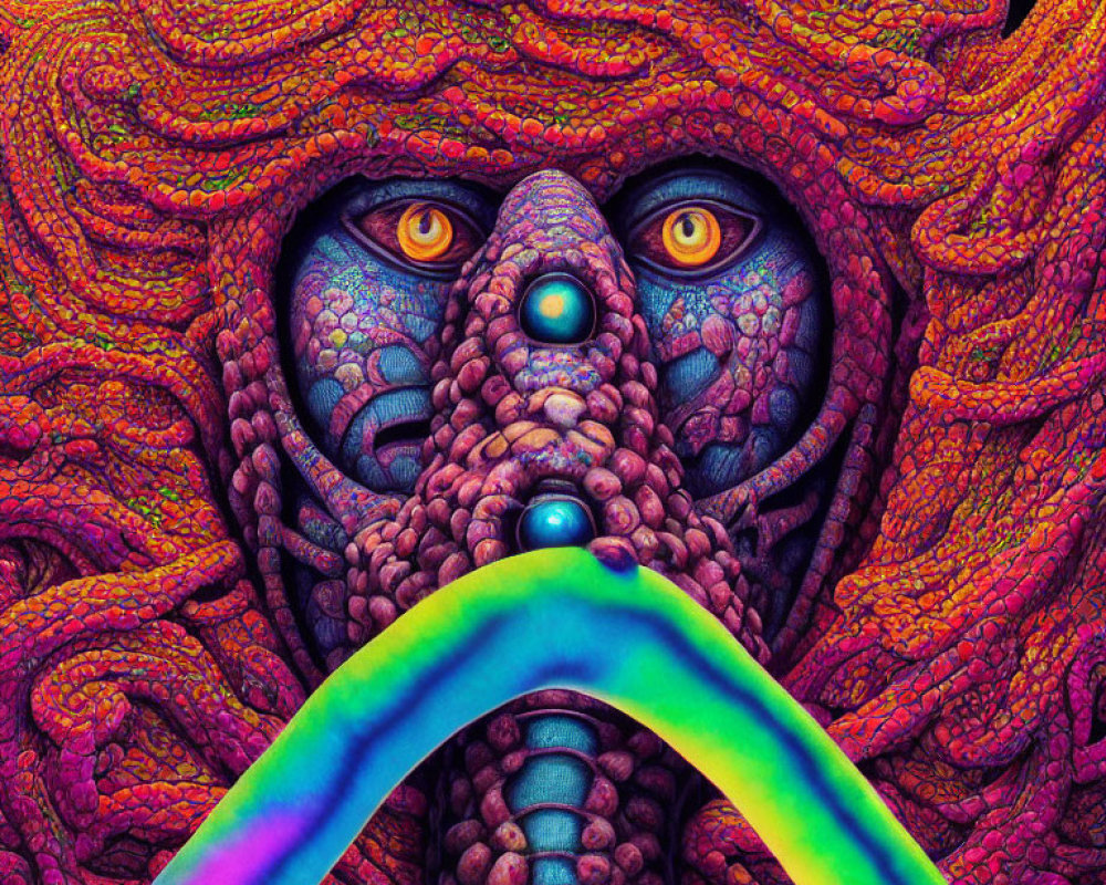 Colorful psychedelic face with multiple eyes in swirling patterns