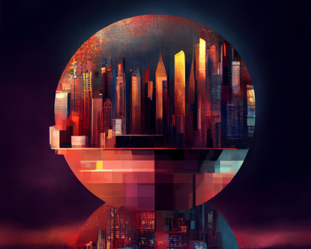Futuristic cityscape in circular frame with illuminated skyscrapers against twilight sky