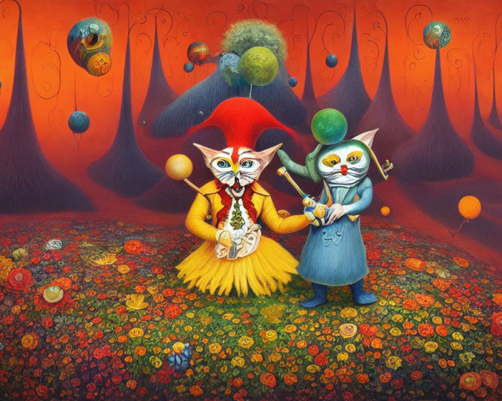 Fantastical painting of whimsical characters in colorful costumes and musical instruments in surreal landscape