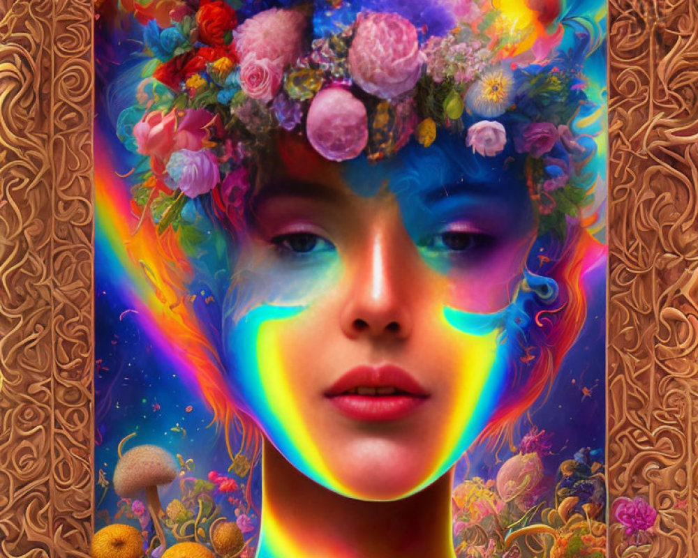 Colorful portrait with floral crown, psychedelic swirls, ornate patterns, and nature elements.