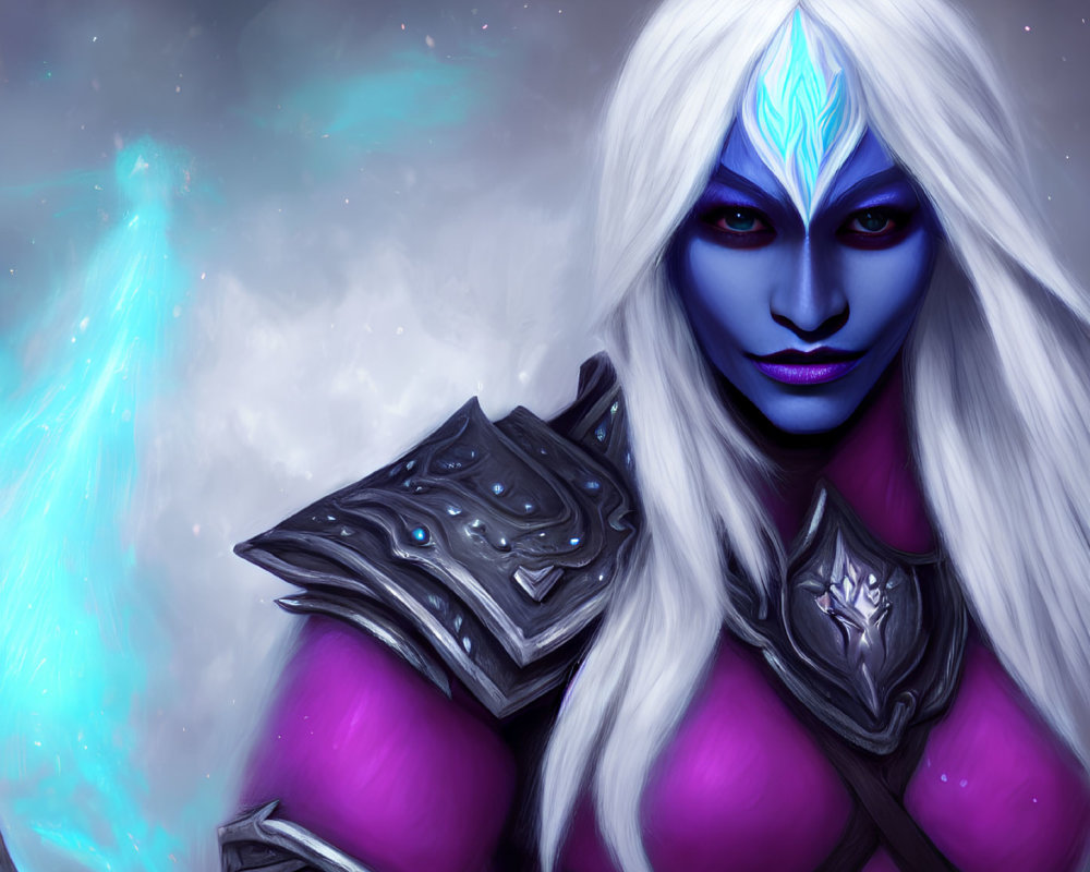 Blue-skinned female character with white hair, glowing eyes, tribal markings, dark armor.