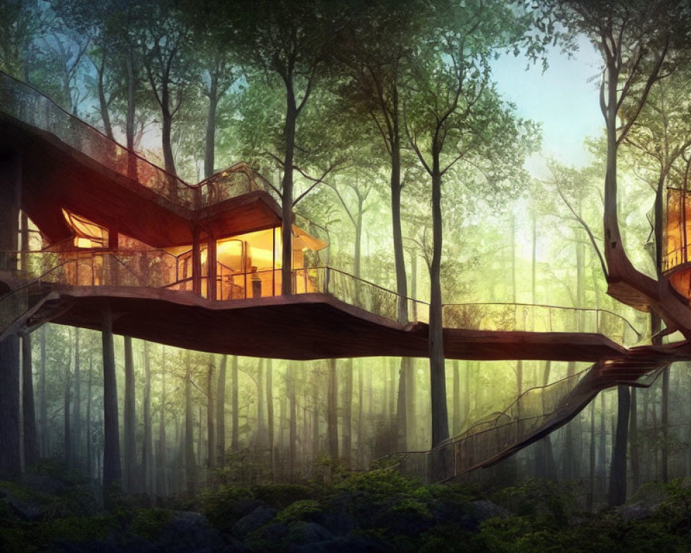 Modern treehouse with glowing interiors in misty forest