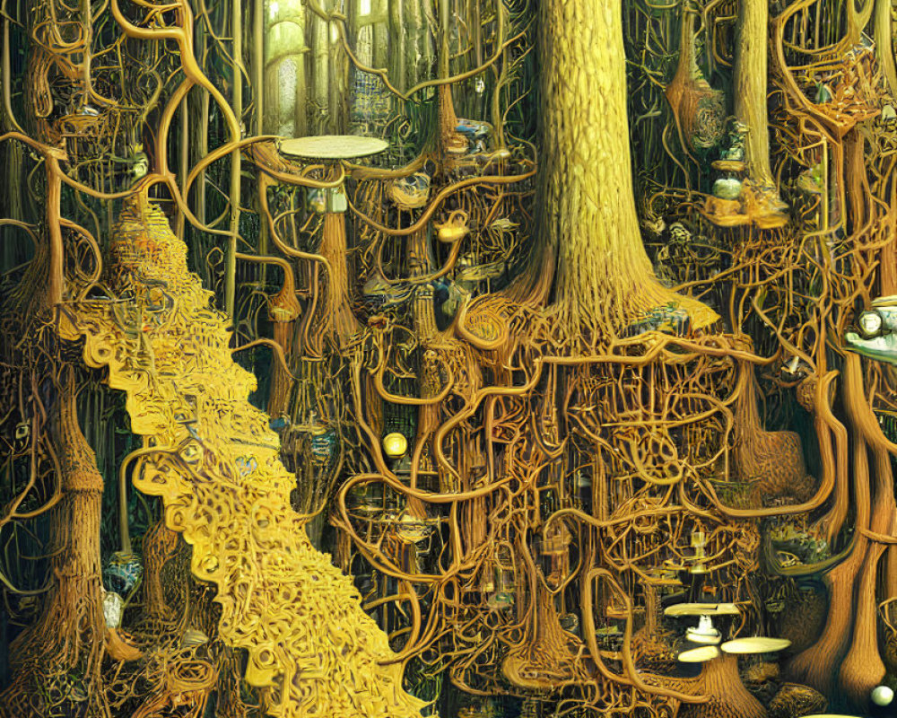 Detailed surreal forest scene with golden staircase, twisted trees, and floating teacups.