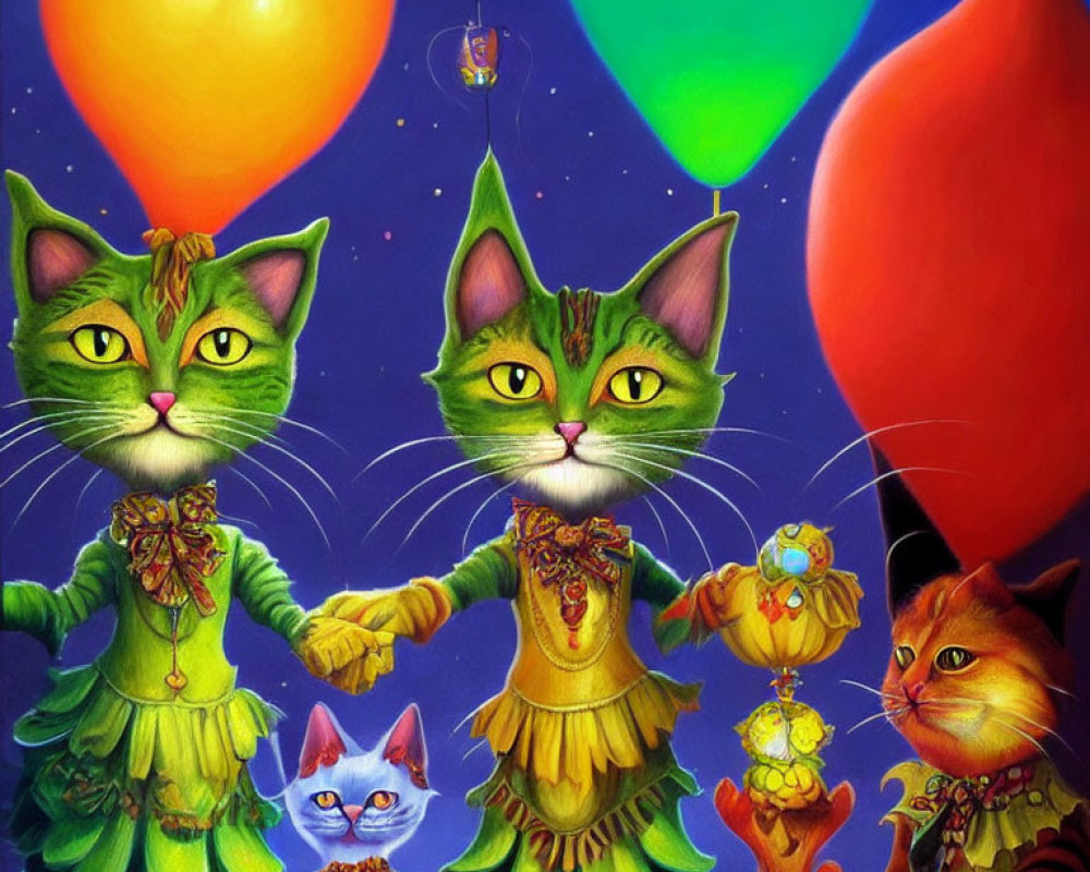 Anthropomorphic Cats in Fancy Attire Holding Hands Under Colorful Balloons