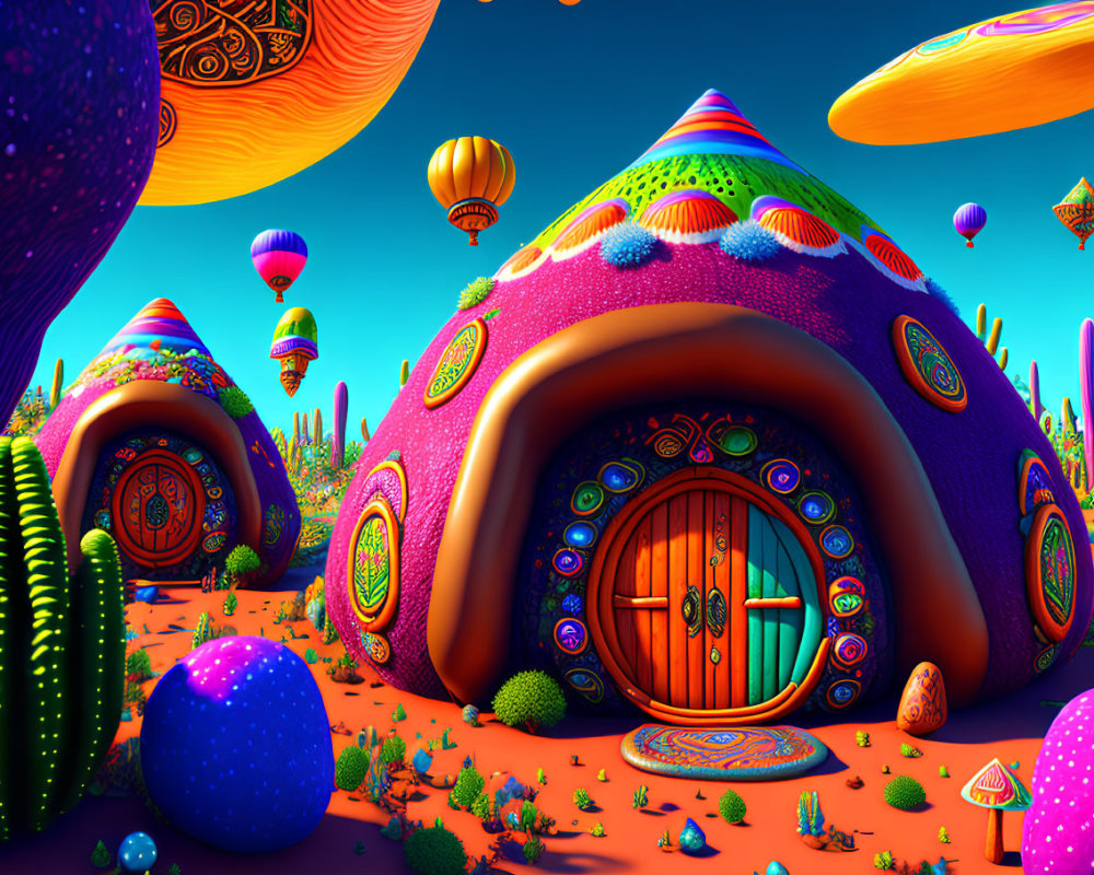 Colorful Fantasy Landscape with Mushroom Houses and Hot Air Balloons