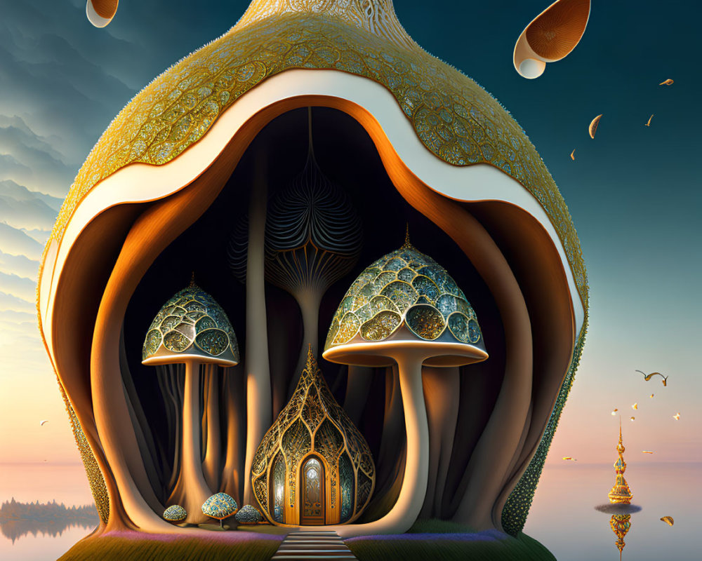 Surreal landscape with oversized ornate mushrooms in twilight setting