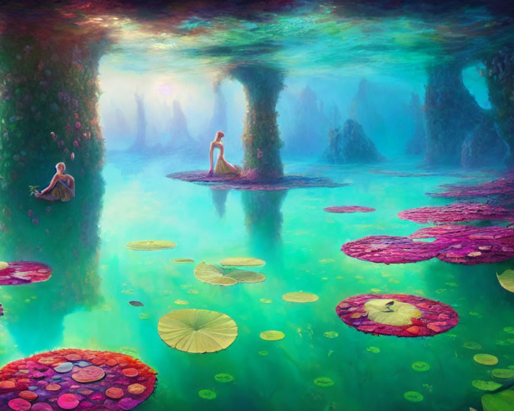 Enchanting forest scene with turquoise pond and ethereal figures