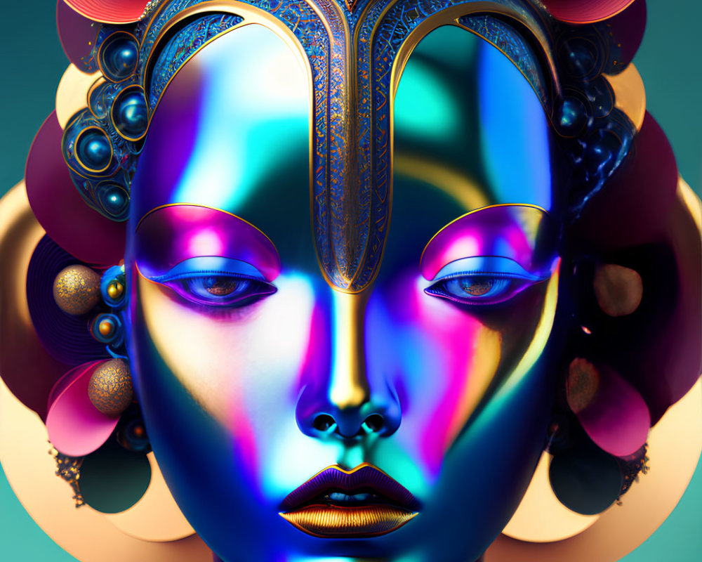 Colorful digital art: stylized female figure with ornate headdress in blue, gold, and