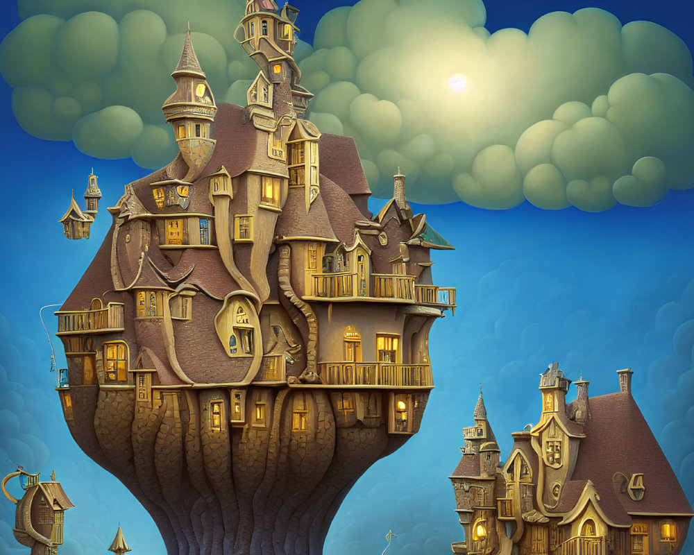 Whimsical treehouses with castle-like structures in sunset scene