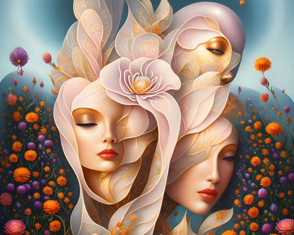 Ornate floral illustration with serene faces and vibrant flowers
