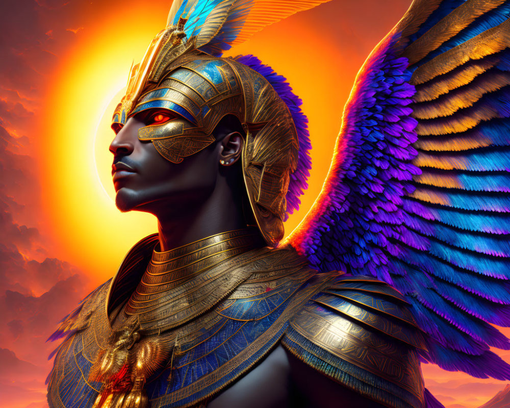 Person in Blue-Winged Armor Resembling Egyptian Deity in Orange Sky