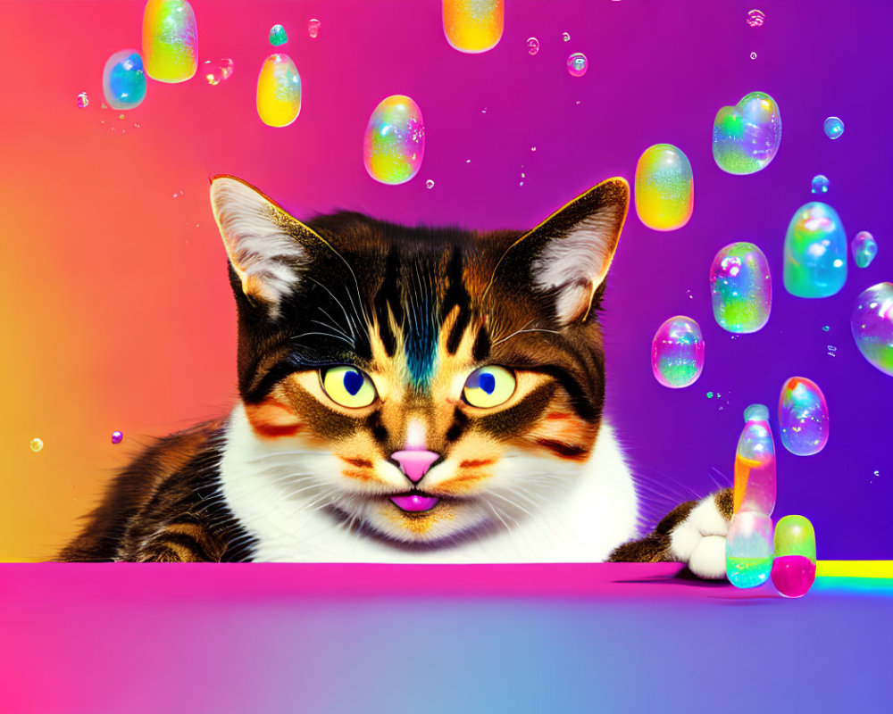 Cat with striking markings among colorful soap bubbles on gradient background