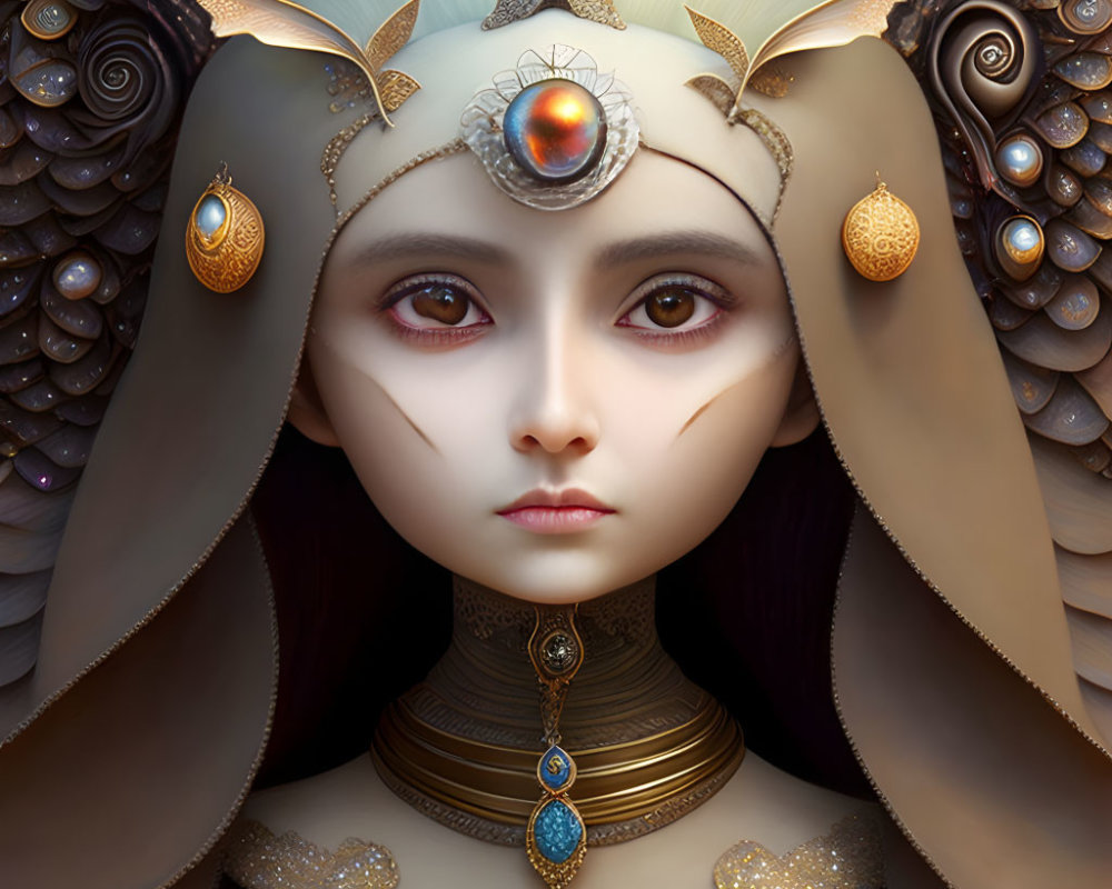 Fantastical digital art portrait of a female figure with ornate jewelry and headdress
