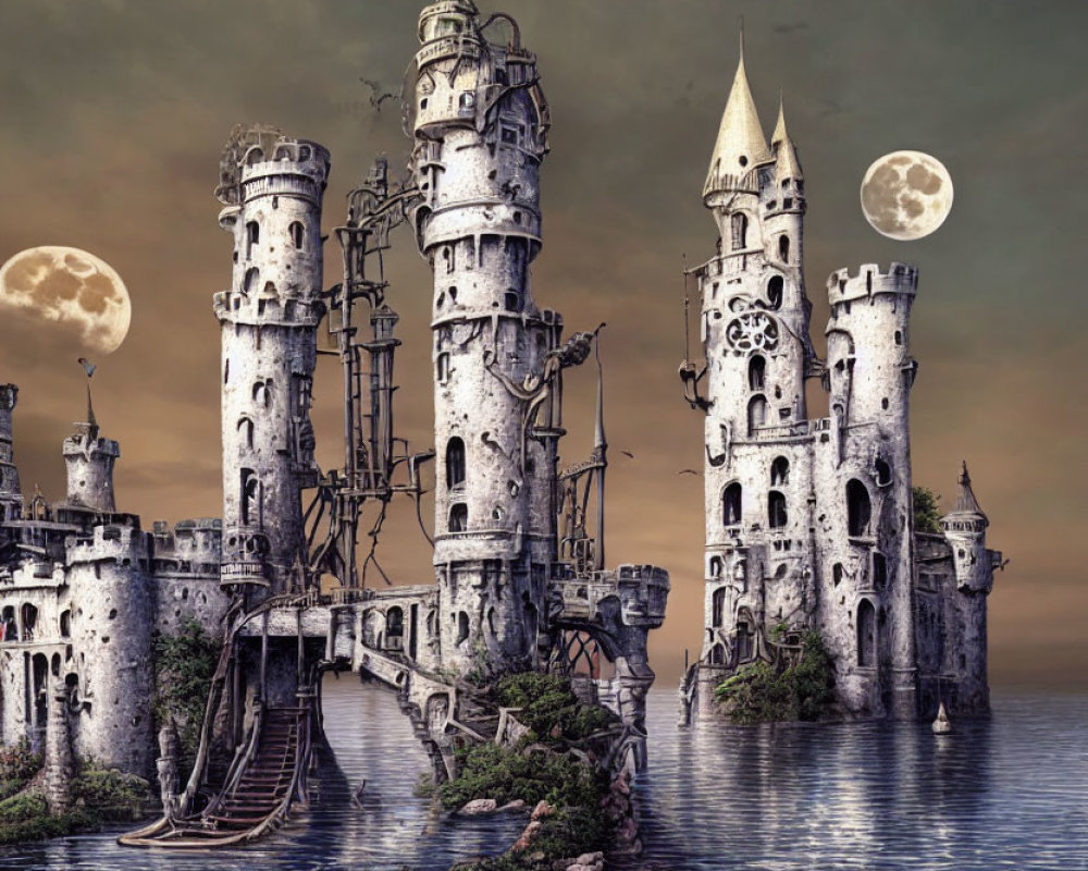 Medieval fantasy towers over water with dual moons in the sky