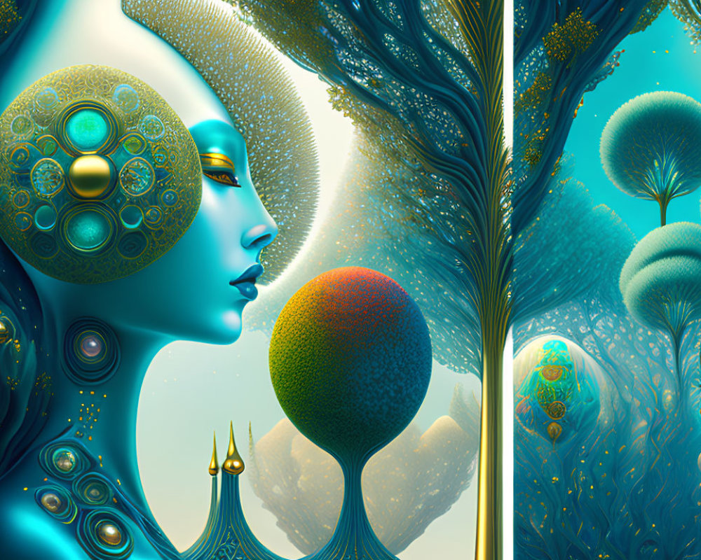 Fantasy artwork of two blue-skinned figures in surreal forest
