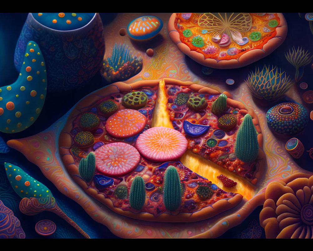 Colorful Surreal Pizza Scene with Plants and Fungi