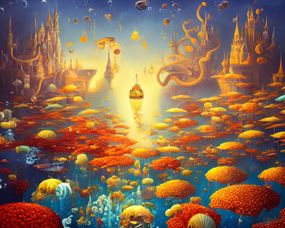 Colorful Underwater Scene with Coral, Sea Creatures, and Whimsical Architecture
