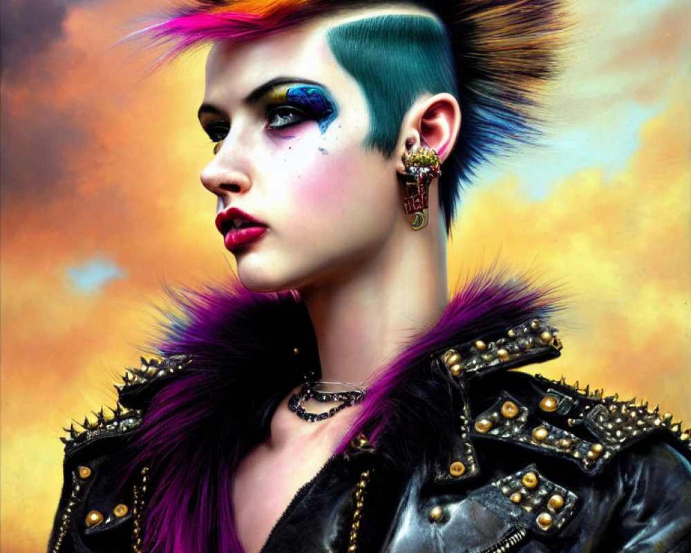 Colorful Mohawk, Vibrant Makeup, Studded Leather Attire & Earrings