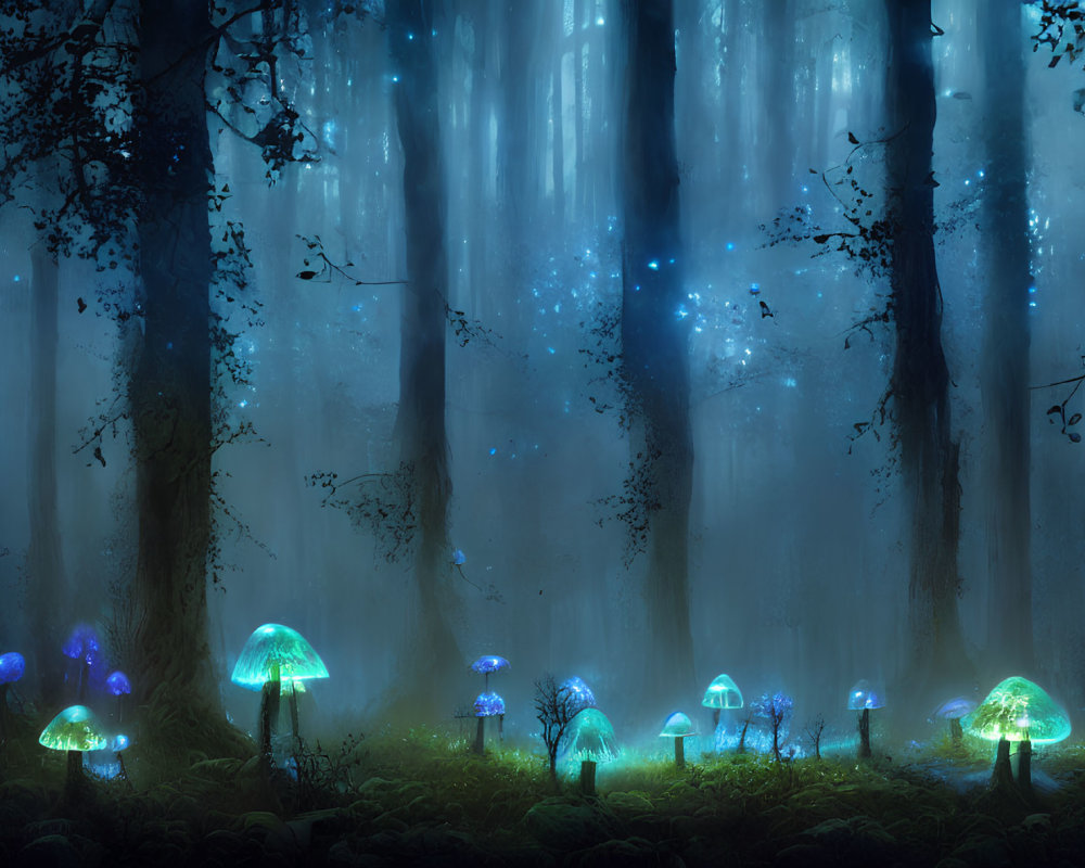 Nighttime forest scene with glowing blue mushrooms and ethereal lights.