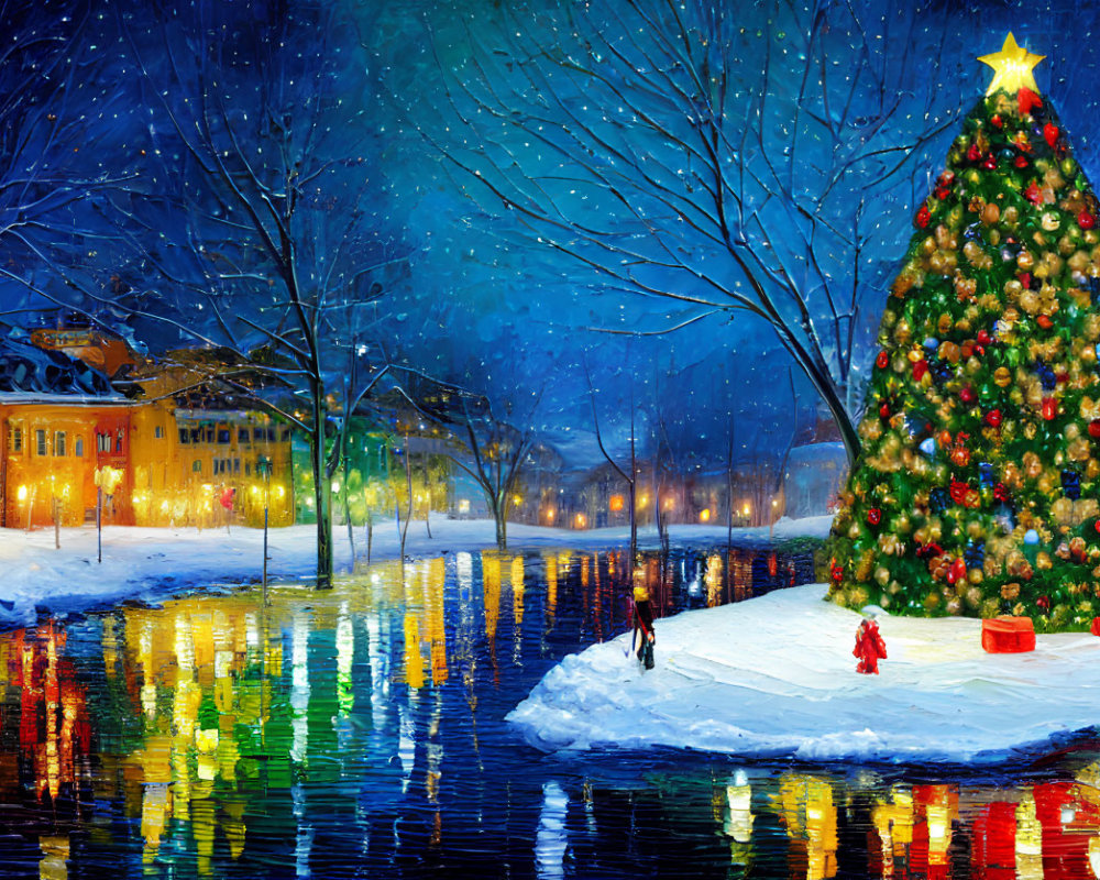 Snowy Christmas scene with decorated tree by river & colorful lights under starry sky