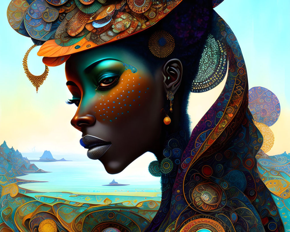 Colorful digital artwork of woman with dark skin in intricate headgear and jewelry against serene seascape.