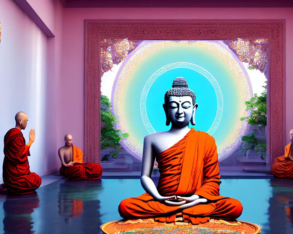 Large Buddha statue in meditation with monks against ornate backdrop