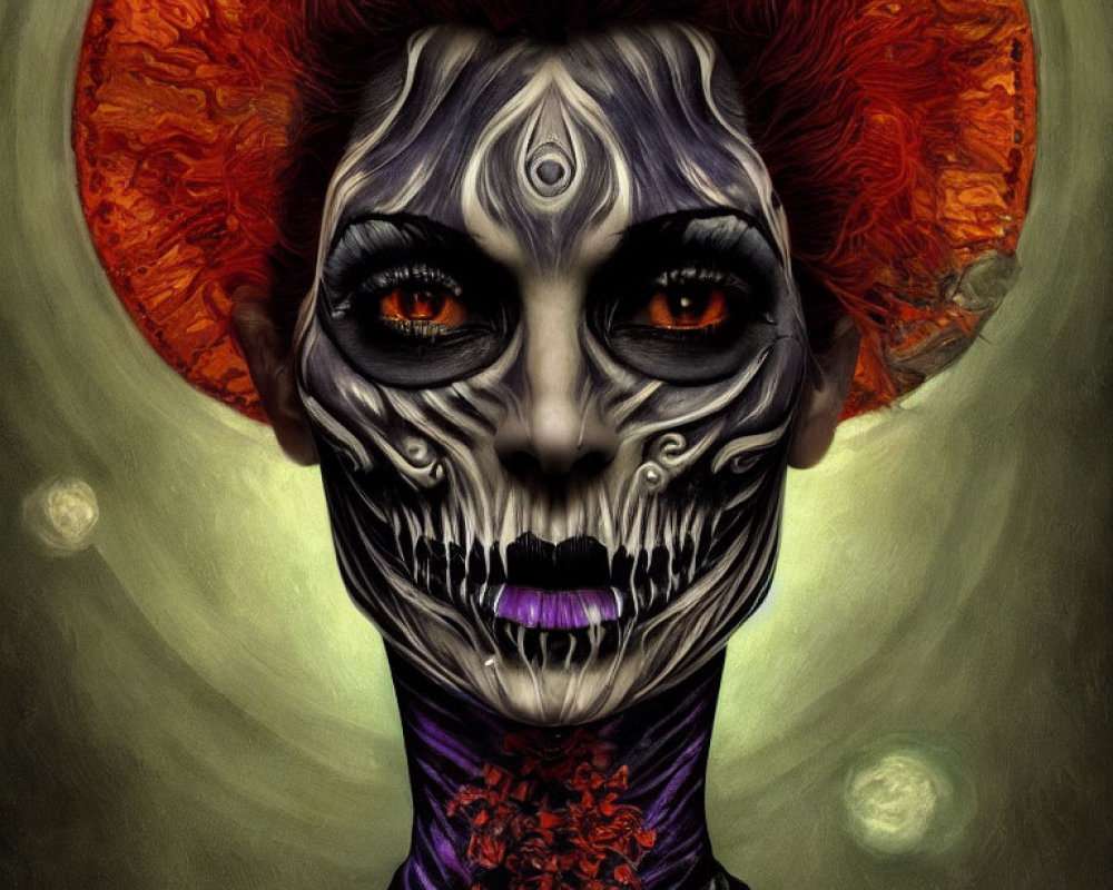 Person with Skull-Like Makeup and Orange Headpiece on Dark Background