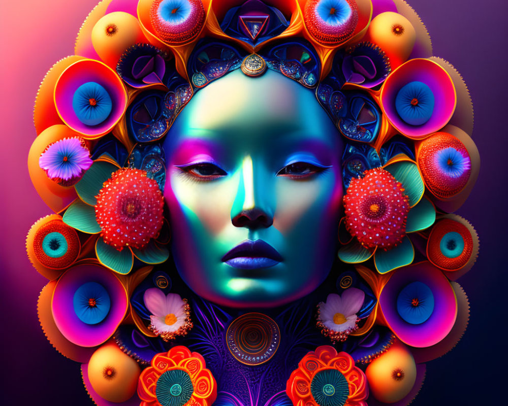 Colorful digital artwork: Woman with blue skin and floral headdress