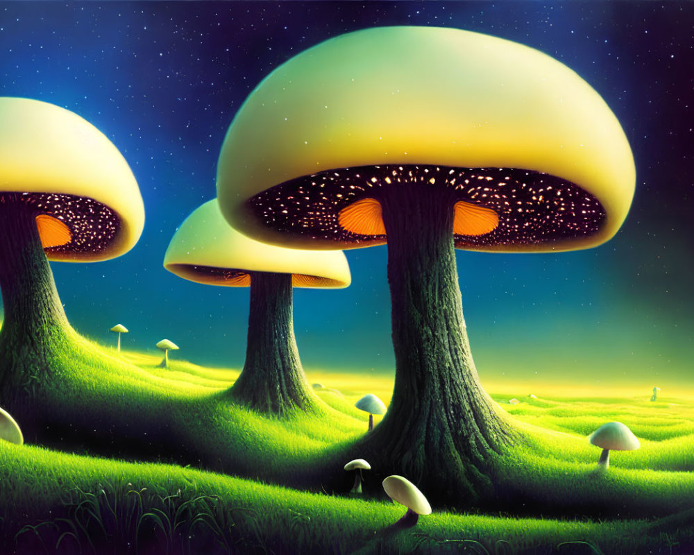 Whimsical oversized glowing mushrooms in magical night scene