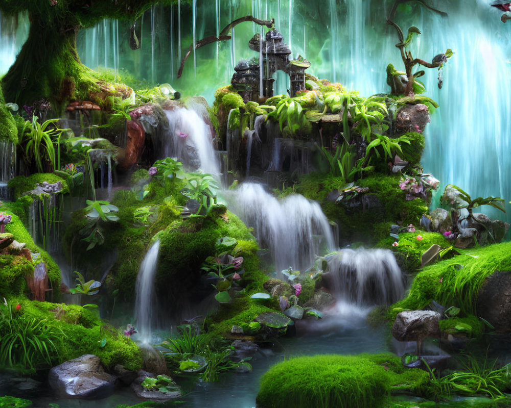 Lush Waterfall in Enchanted Forest with Mystical Structures