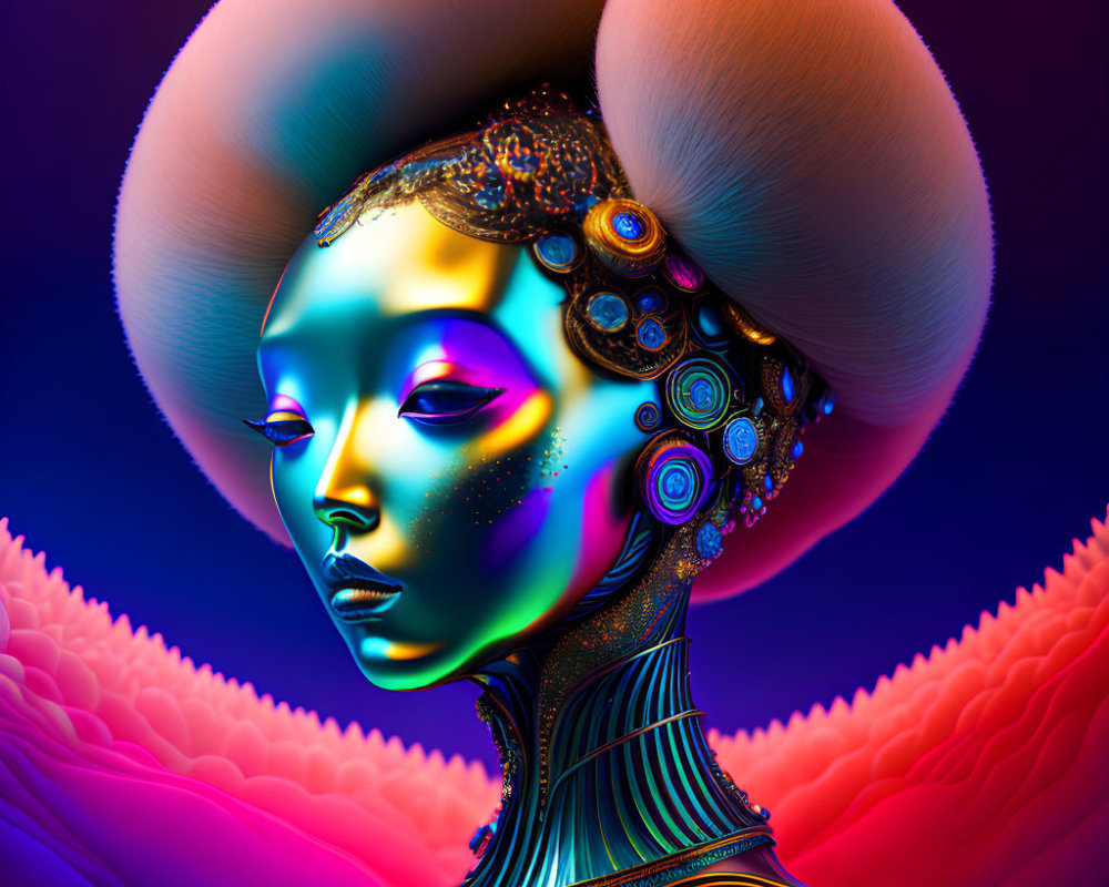 Colorful digital artwork: female figure with headdress, metallic skin, intricate patterns on psychedelic background