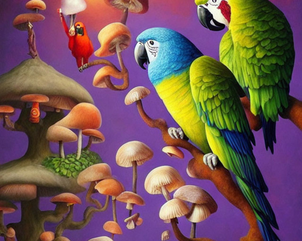 Vibrant parrots on branch in whimsical forest scenery