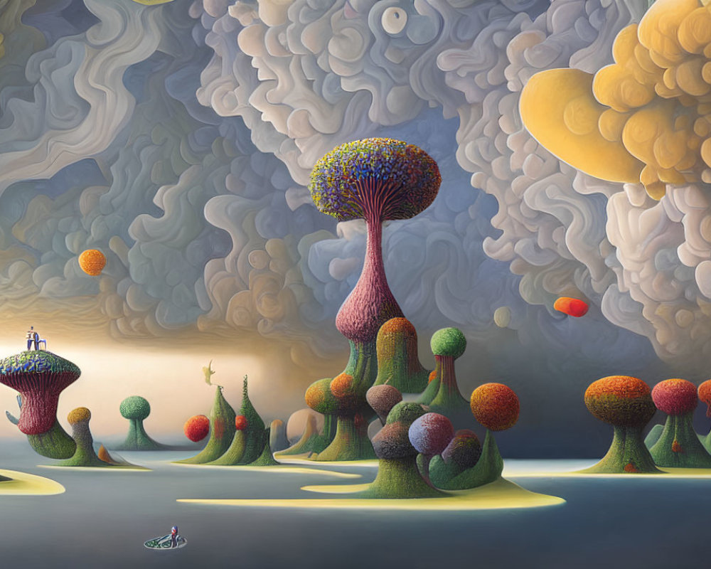 Colorful surreal landscape with mushroom-like structures and floating boats under cloudy sky