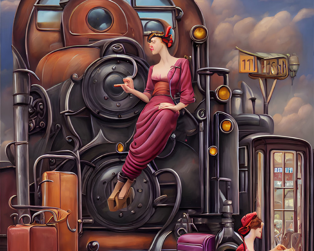 Stylized illustration of two women in 1950s fashion with classic train and vintage plane