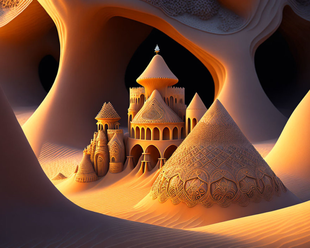 Intricate sandcastle with domes and towers in surreal dune landscape