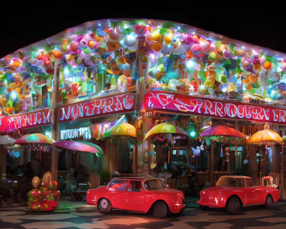 Colorful illustration of café with balloon decorations & vintage cars under starry sky