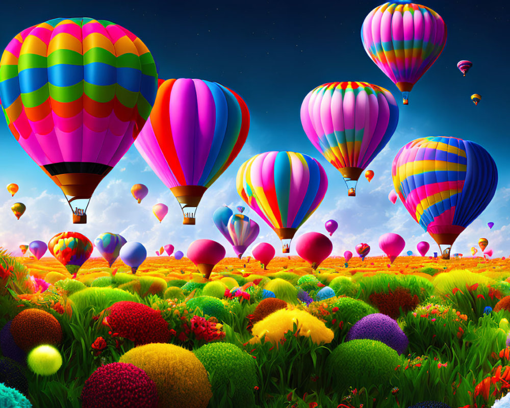 Vibrant hot air balloons over colorful flower field