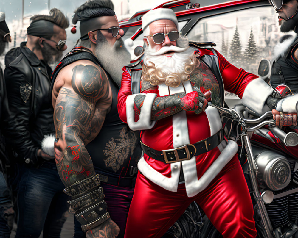 Group of tough bikers with Santa Claus and tattoos on motorcycle.