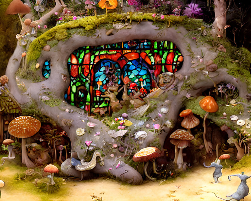 Enchanted forest cottage with stained glass window and vibrant flora