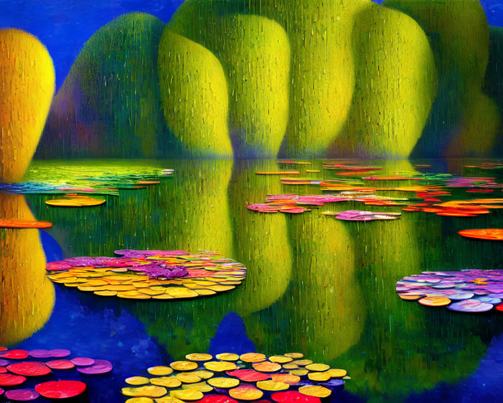 Colorful painting of dreamlike garden with golden trees, blue pond, lily pads, and surreal