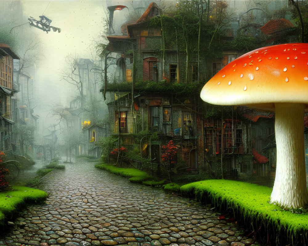 Enchanting cobblestone street with quaint houses and flying vehicle in magical foggy scene