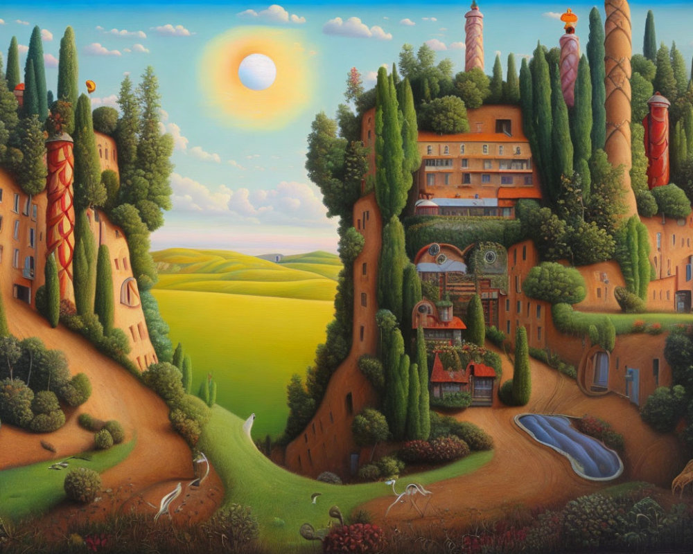 Whimsical surreal landscape with greenery, hills, sun, and cypress trees