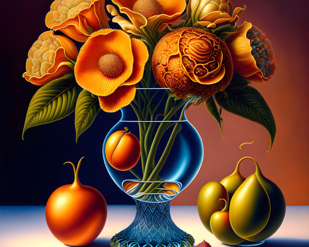 Colorful still life painting with blue vase, orange blossoms, peach, orange, and pears