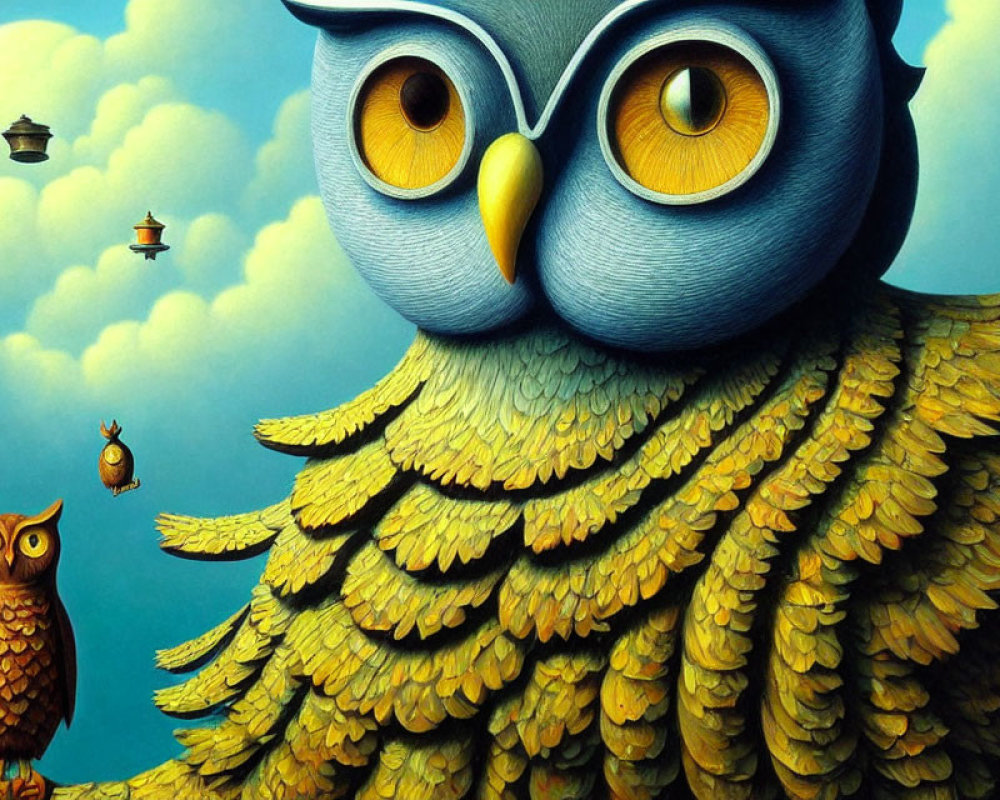 Colorful Illustration of Whimsical Owls and Lanterns in Blue Sky