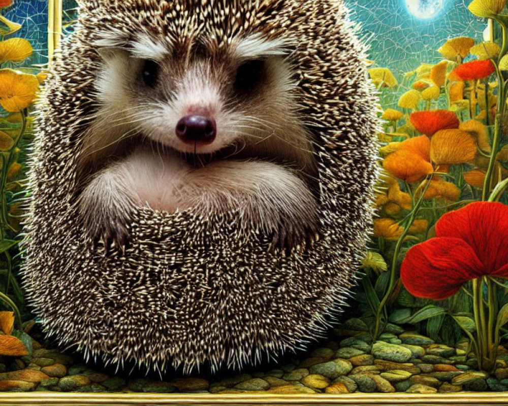 Colorful flowers and pebbles surround a hedgehog in ornate golden frame