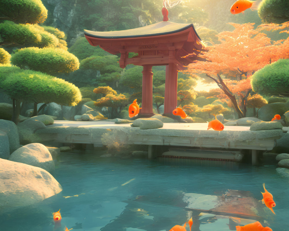 Japanese Torii Gate Over Pond with Koi Fish and Greenery
