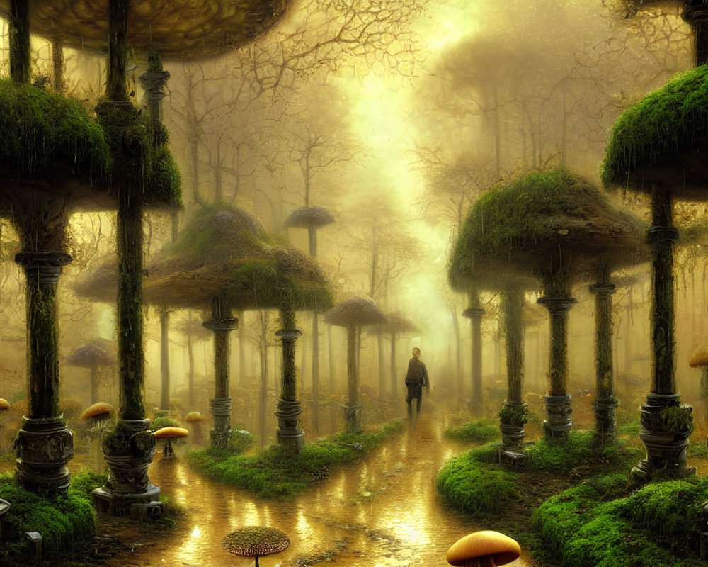Enchanted forest path with oversized mushrooms and fog-covered trees