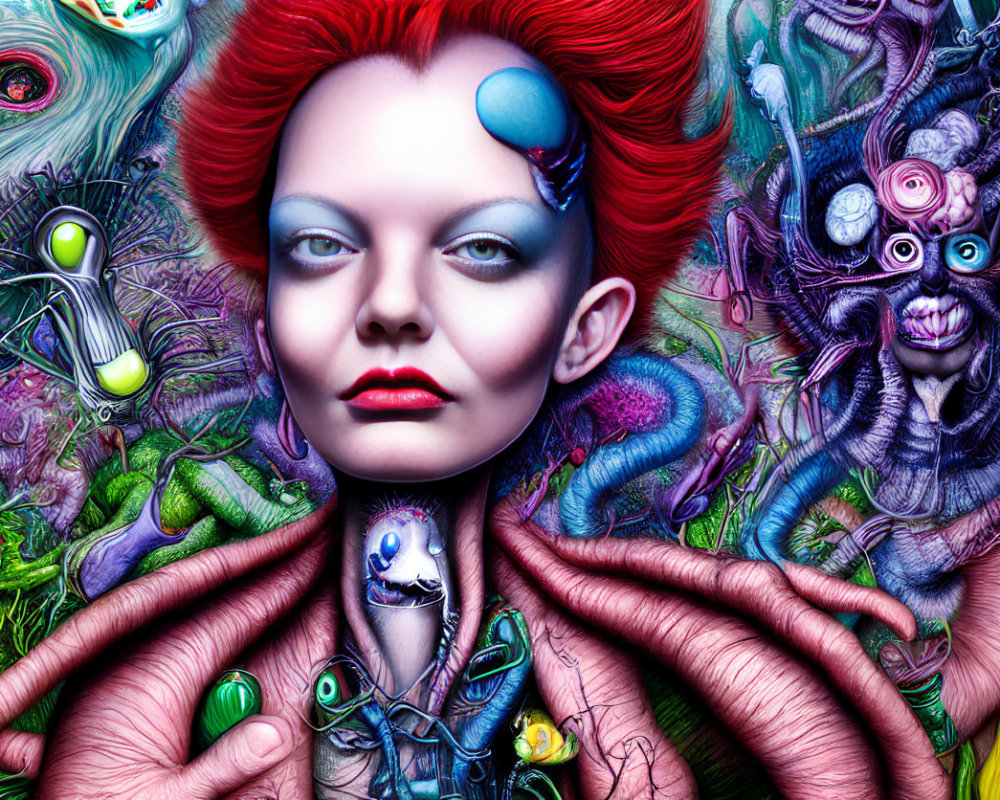 Colorful surreal portrait of woman with vivid creatures & intricate details